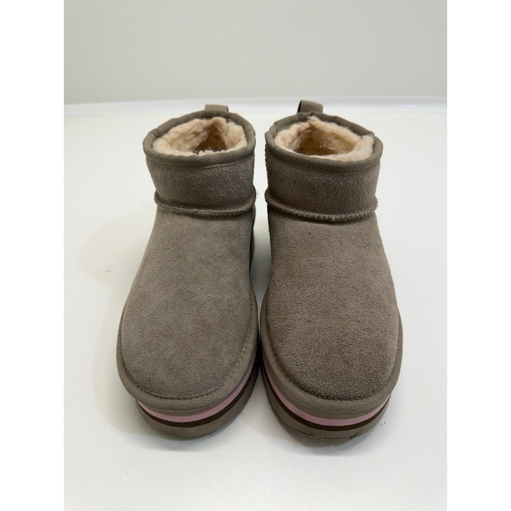Bearpaw Platform Boots Women's 7 Gray Pink Sherpa Lined Retro Shorty Stone